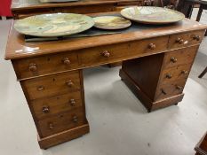 19th cent. Mahogany knee hole desk, two four drawer pedestals with one central drawer, green