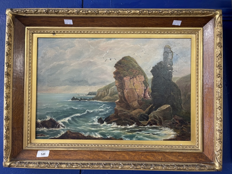 19th cent. Scottish School: Oil on canvas, seascape with coastal rock formations, signed lower right