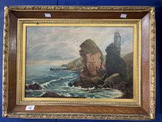 19th cent. Scottish School: Oil on canvas, seascape with coastal rock formations, signed lower right