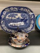 19th cent. English Ceramics: Masons Imari bowl, stand and cover, Spode blue and white meat serving