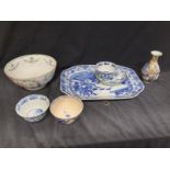 Chinese Export Ceramics: Eight sided Willow pattern serving dish 8½ins. x 11ins, three blue and