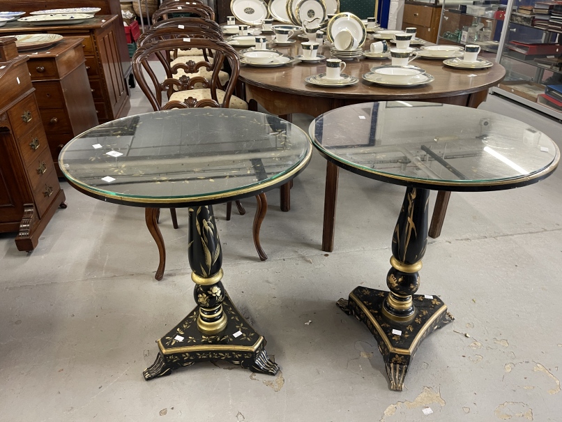 20th cent. Regency style occasional wine or side tables on baluster columns with tri form bases,