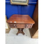 William IV mahogany sewing table on single support with two drawers, one fitted. 23ins. x 19ins. x