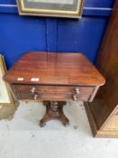 William IV mahogany sewing table on single support with two drawers, one fitted. 23ins. x 19ins. x