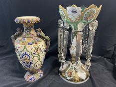 19th cent. Bohemian green ground lustre. 11ins. Plus a Japanese vase A/F.