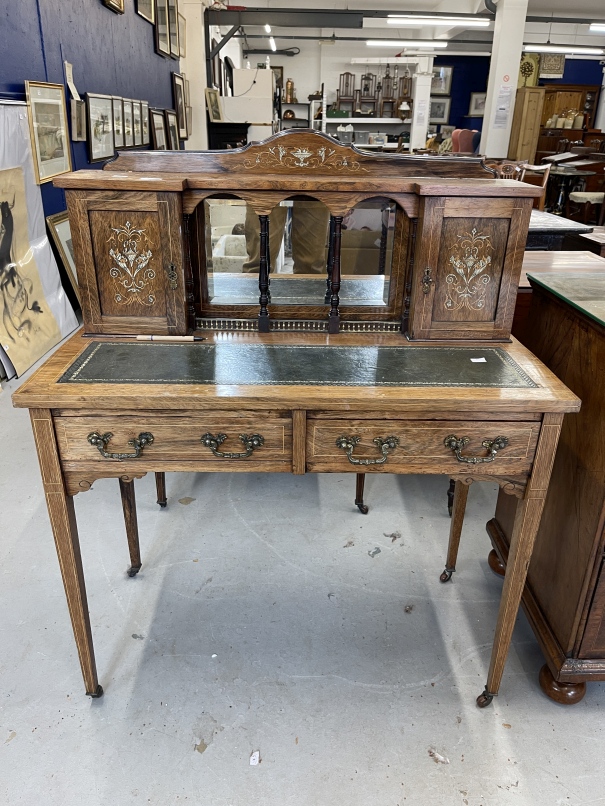 19th cent. Rosewood ladies writing desk inlaid in a Sorrento style, two side stationery cupboard,