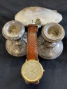 Watches: Gentleman's gold plated rotary Quartz strap watch, filled silver mantel sticks. Weight 4.