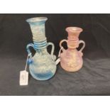 Roman style glass bottle vases blue and pink with side handles.