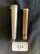 9K gold and amber cheroot with chased hallmarked silver case.