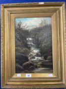 J. Fairfax: Early 20th cent. British, Welsh oil on board, waterfalls near Bettws and near