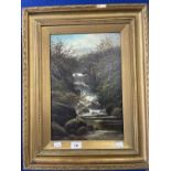 J. Fairfax: Early 20th cent. British, Welsh oil on board, waterfalls near Bettws and near