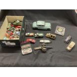 Toys: Box of more than twenty-five playworn vehicles and accessories including Matchbox 9a, two