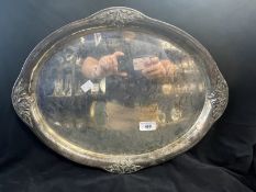 White metal Swiss silver stamped 800 oval shaped salver. 18ins. x 14ins. Weight 33.48oz.