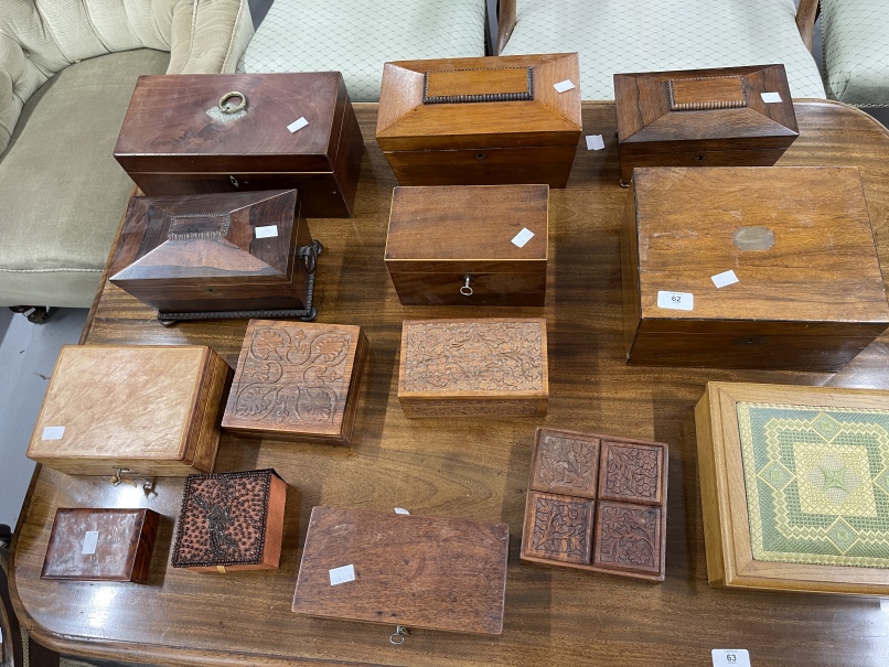 19th/20th cent. Treen: Five assorted tea caddies including rosewood and mahogany examples, walnut
