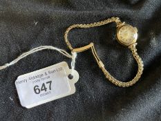 Ladies wristwatch by J. W. Benson of London. Case cover stamped 375 gold by winder. Bracelet strap