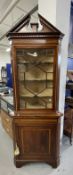 Edwardian mahogany corner display cabinet with fruitwood inlay and stringing in the Sheraton