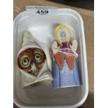 Candle Extinguisher: Royal Worcester early 20th cent. Owl brown face and old woman, brown cloak,