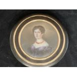 19th cent. Tortoiseshell snuff box with ivory portrait miniature of a young woman surrounded by