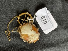 Hallmarked Jewellery: 9ct gold oval shell cameo of lady's head and a brooch sovereign mount. Cameo