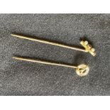 Jewellery: Two stock pins one yellow metal with a 9ct gold top set with a pearl, the other 15ct gold
