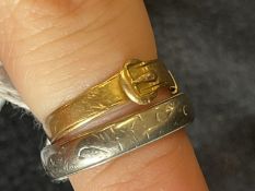 Hallmarked Jewellery: 18ct yellow gold buckle ring, width 8.5mm, size L. Plus an 18ct white gold 4mm