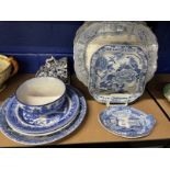 19th cent. Blue and white meat platters, blue printed lakeside scene marked Syria R.A.K. & Co to