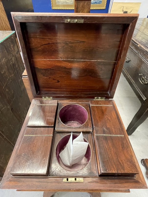 19th cent. Rosewood teapoy on single column support with four lidded containers within. - Image 2 of 3