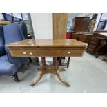 20th cent. Mahogany swivel top fold over card table, the four swept legs on brass castors supporting