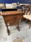 19th cent. Mahogany sewing table with inlaid oval motif above a drawer for sewing requisites. 18ins.