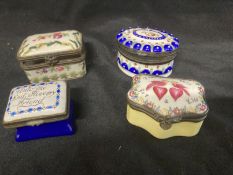 18th cent. Enamel Patch Boxes: Oval with blue, green and white floral decoration, serpentine with