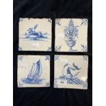 18th cent. Dutch Delft tiles, sailing boat, vase of flowers, sea monster and cottage. All have minor