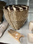 Africa/Tribal Art: Large hand crafted animal hide drum c1960s, one hand crafted thumb piano, West