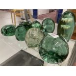 19th cent Paperweights: Green glass, floral pattern x 4, green glass air bubble x 3, plus one