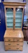 19th cent. Pine bureau glazed bookcase with inset coloured glass panels. 30ins. x 18ins. x 75ins.