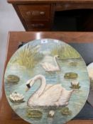 Torquay Pottery: Long Park terracotta chargers painted by W.G. Howard of swans and pheasants, plus