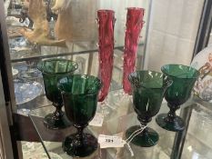 19th cent. Victorian cranberry glass decorative stem vases. Plus set of four 19th century green wine