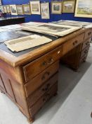 19th cent. Mahogany stained nine drawer twin pedestal desk with brass drop handles. Approx. 66ins. x