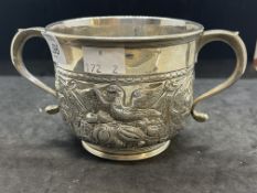 Silver & Plated Ware: George II white metal two handled loving cup with embossed swan decoration,