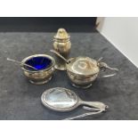 Hallmarked Silver: Three-piece condiment set with spoons and blue glass liners, plus a dressing