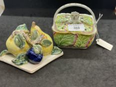 19th cent. English Staffordshire potpourri basket moulded with cabbage leaves and puce veining. Plus