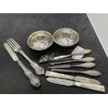 Hallmarked Silver: Two finger bowls, two fruit knives, fork, and other items. Total weight 6.97oz.