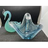 20th cent. Art Glass: Studio three painted crackle glass vase clear with blue inlay, signed Nick