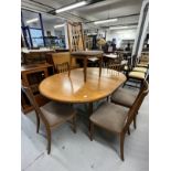 Mid 20th cent. G-Plan teak effect circular table with six chairs (chairs upholstery does not conform