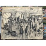 •Dame Laura Knight, English (1877-1970): Charcoal beach study with figure, tents and tri-colour