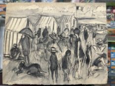 •Dame Laura Knight, English (1877-1970): Charcoal beach study with figure, tents and tri-colour