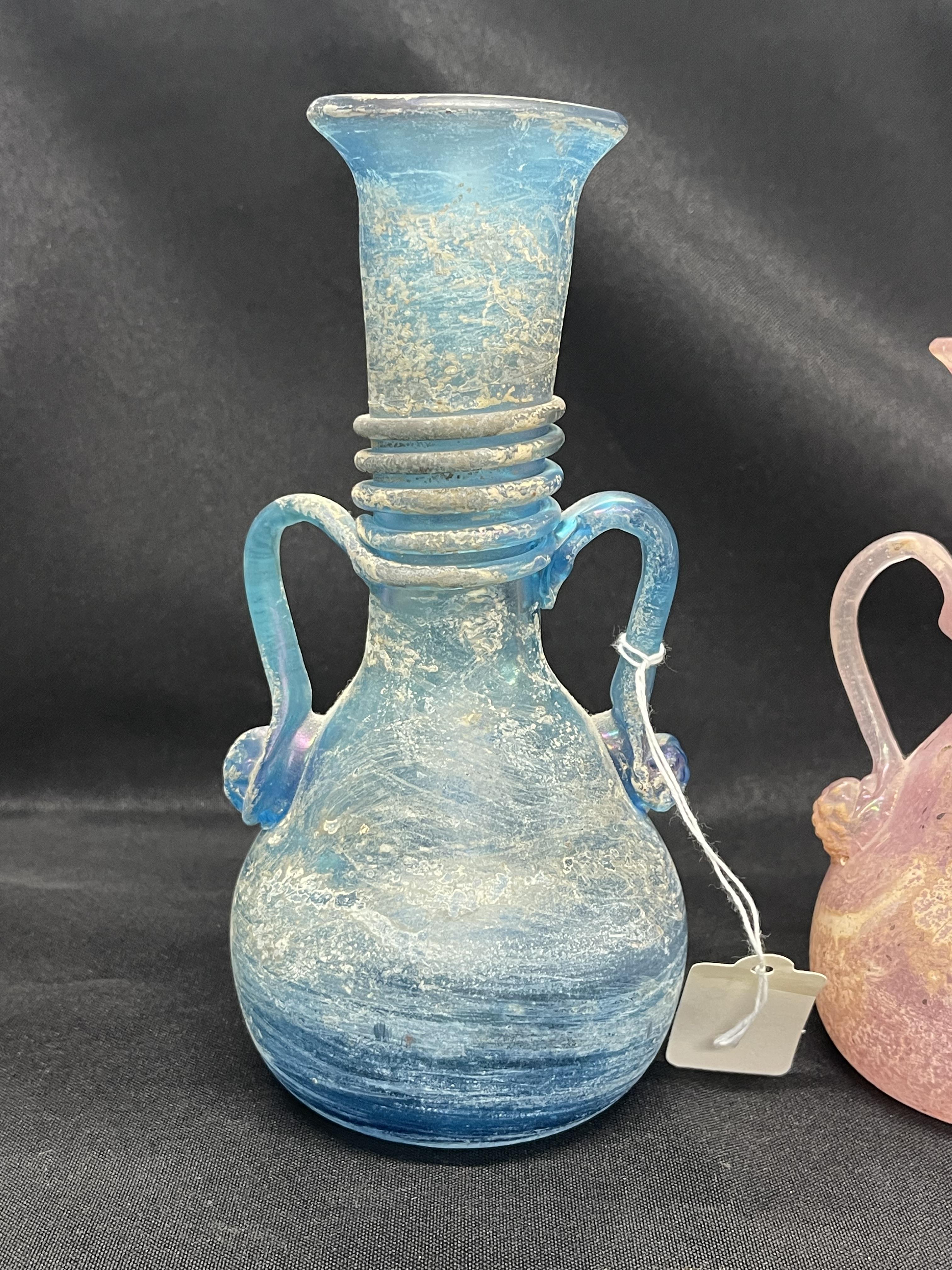 Roman style glass bottle vases blue and pink with side handles. (2) - Image 3 of 3