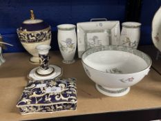 20th cent. Wedgwood Ceramics: Hummingbirds bowl, two vases, square dish plus Elruscan Cornucopia jar