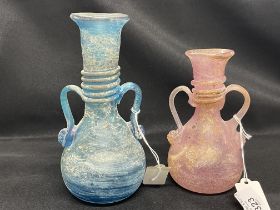 Roman style glass bottle vases blue and pink with side handles. (2)