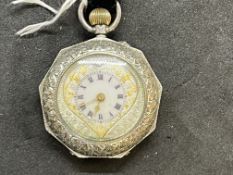 Watches: Silver ladies pendant watch, heart shaped dial flecked with gold elaborate chased case