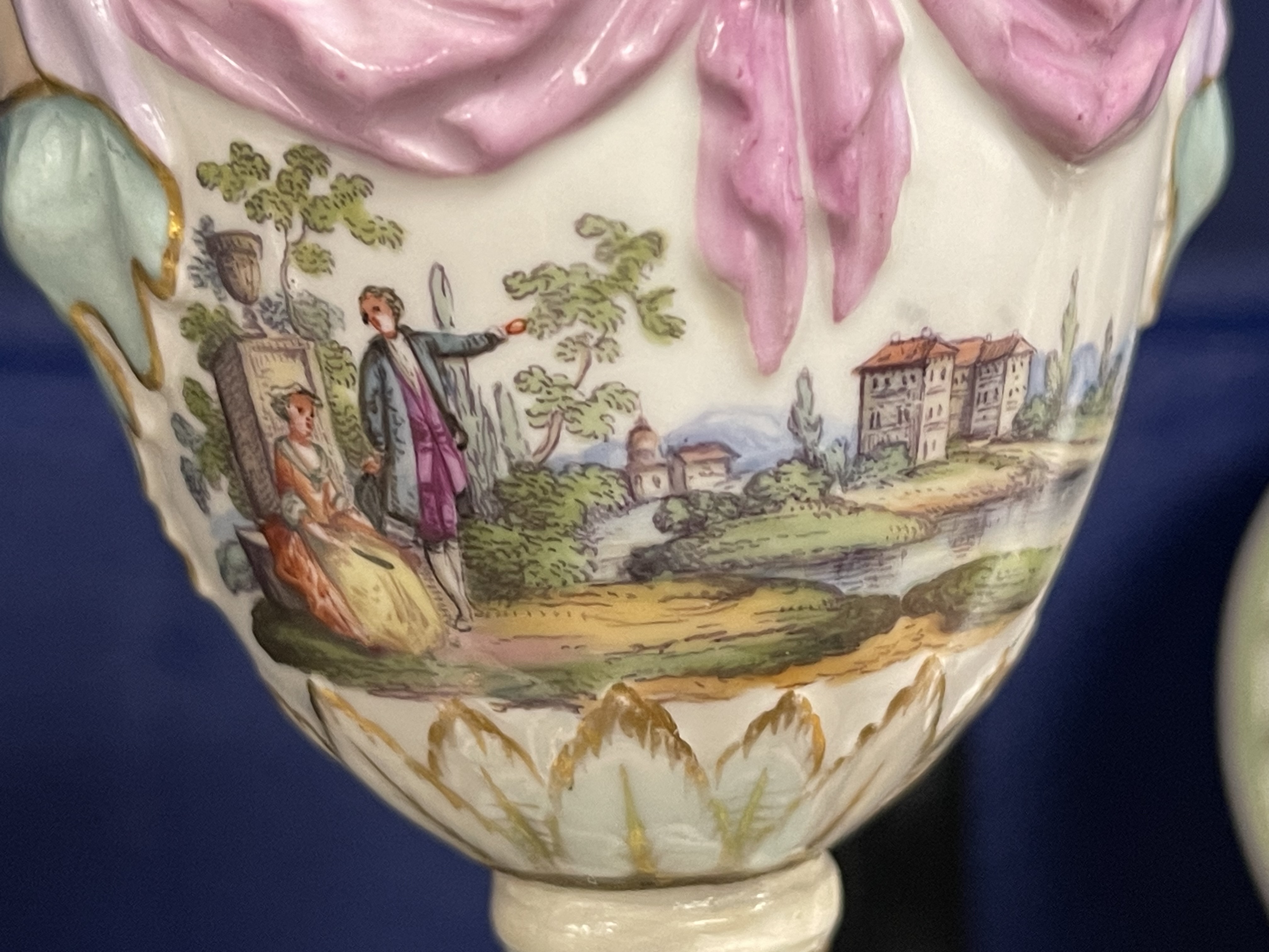 19th cent. K.P.M Berlin Cassolettes of urn form decorated with courting couples in a landscape, - Image 5 of 5